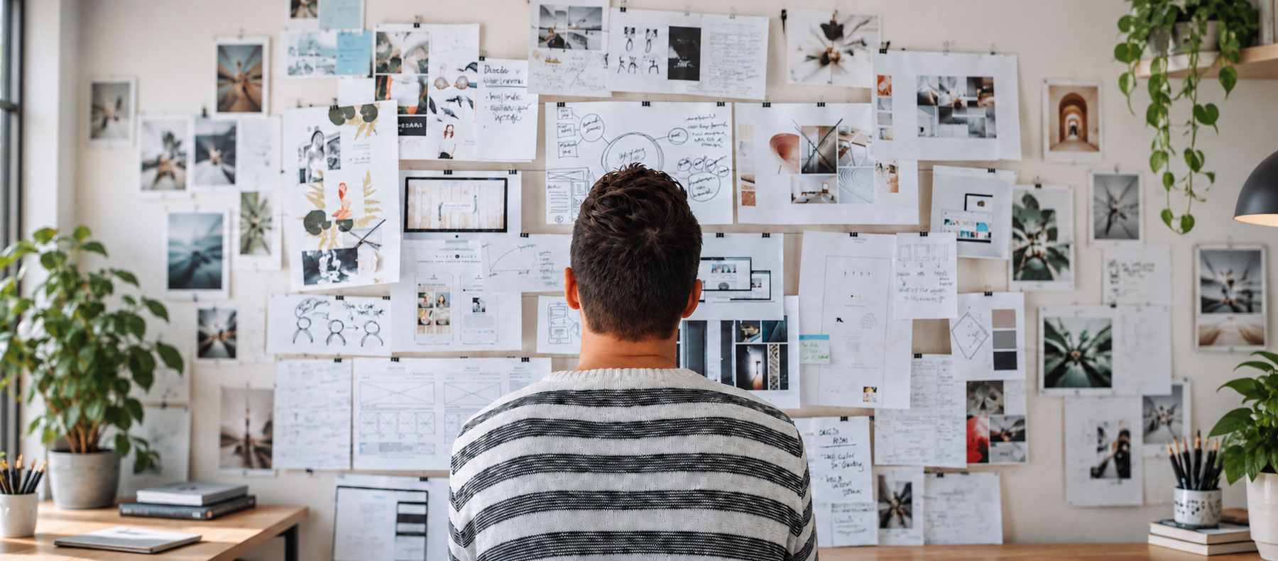 Diseñador web frente a bocetos, wireframes y referencias visuales para crear el diseño de una web