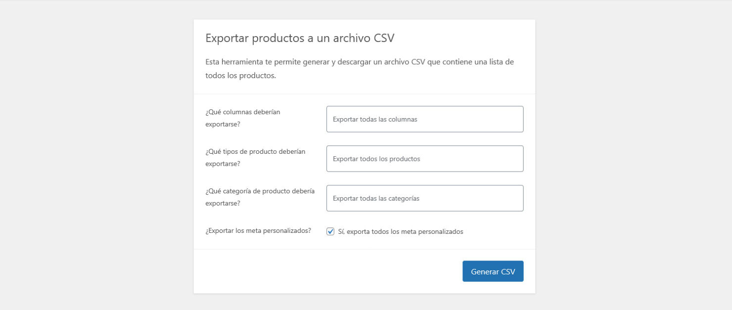 Exportación de productos desde WooCommerce