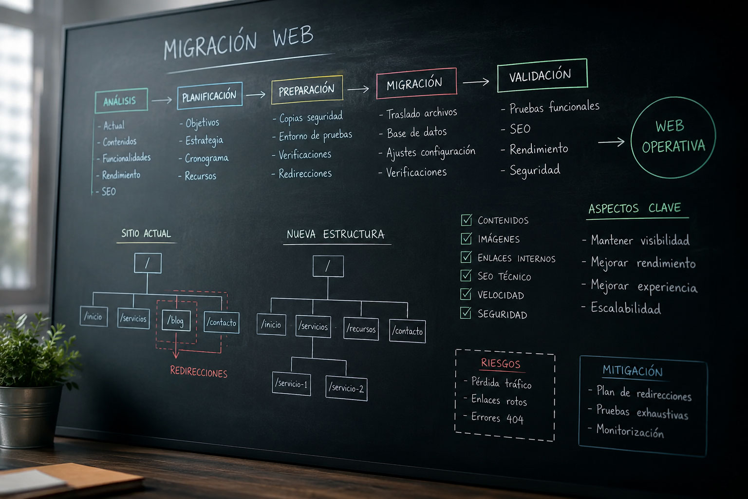 Pizarra con un esquema de análisis y planificación de una migración web