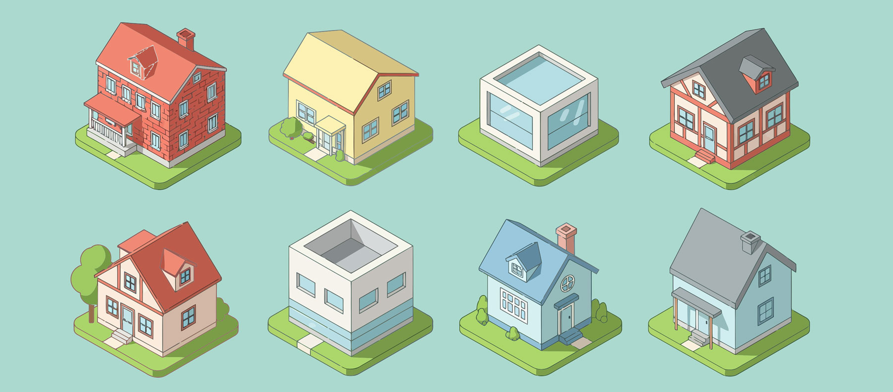 Ilustraciones que representan diferentes tipos de viviendas que pueden ofrecer una inmobiliaria